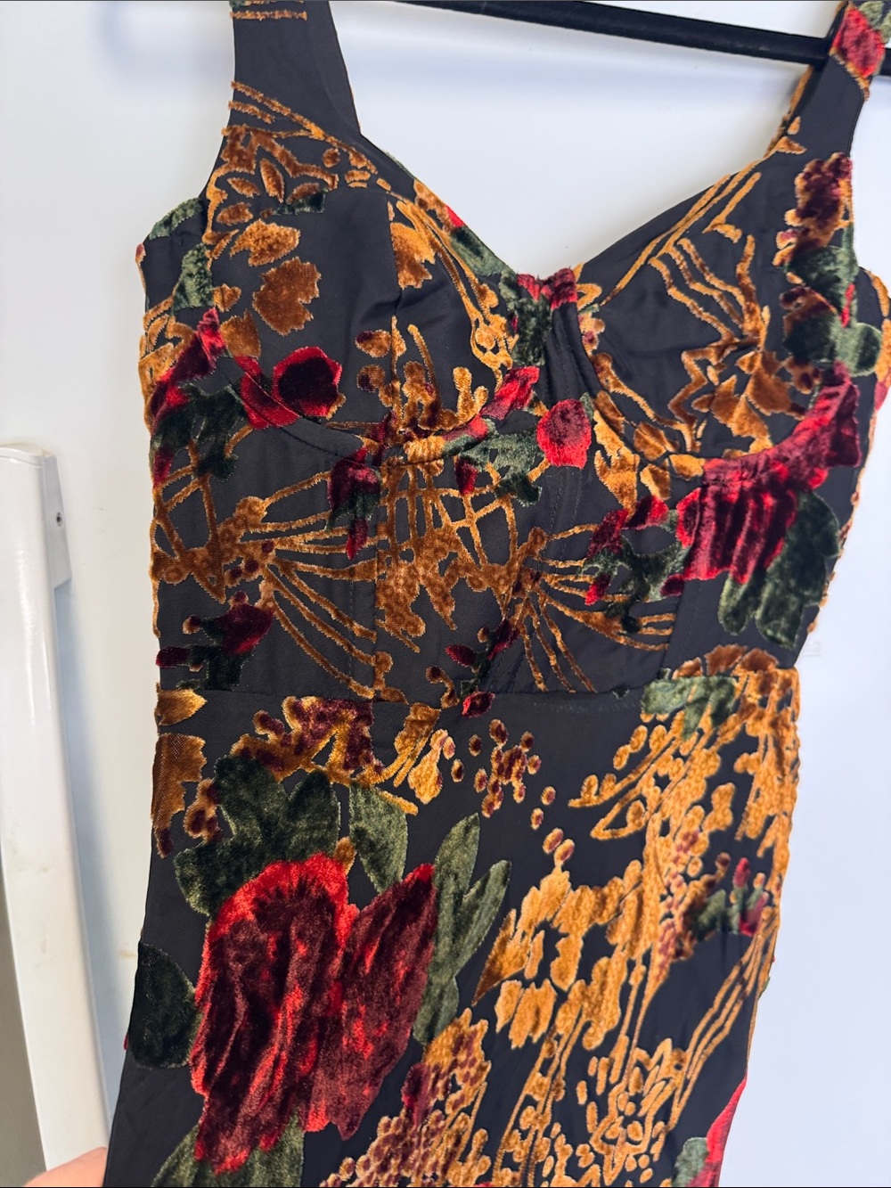 NWT Rare London Black Floral Velvet-Effect Prom Dress with Red and Gold Accents